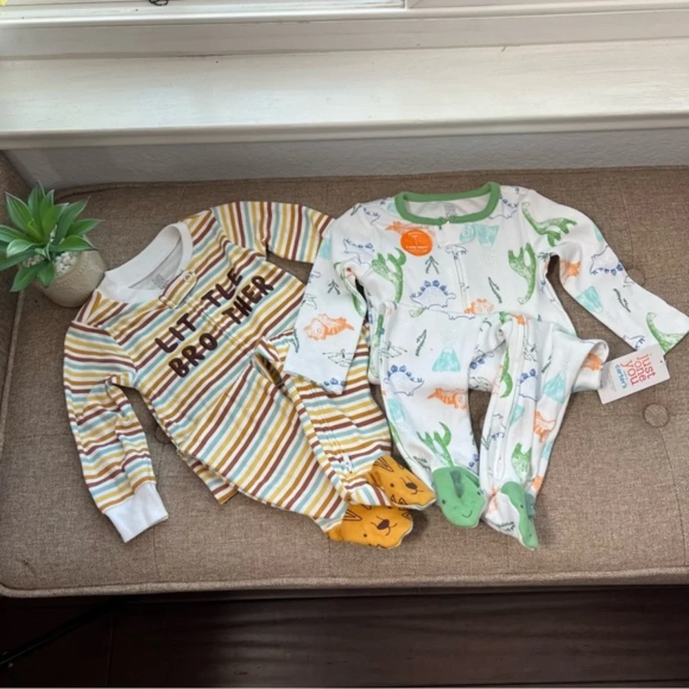 NWTCat And Jack Footed Pajamas Boys Little Brother Spell &  White Green Dinosaur
